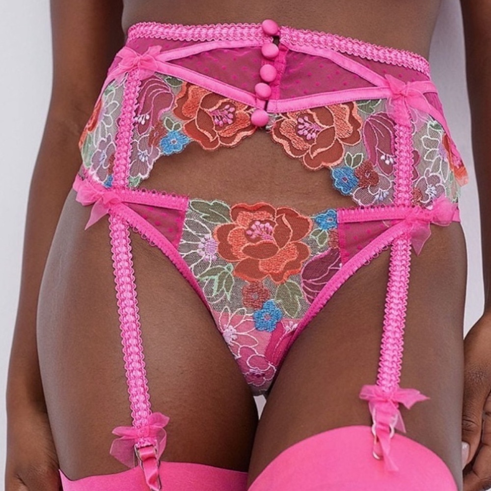 For Love & Lemons Luella hot pink floral lace garter belt with clips